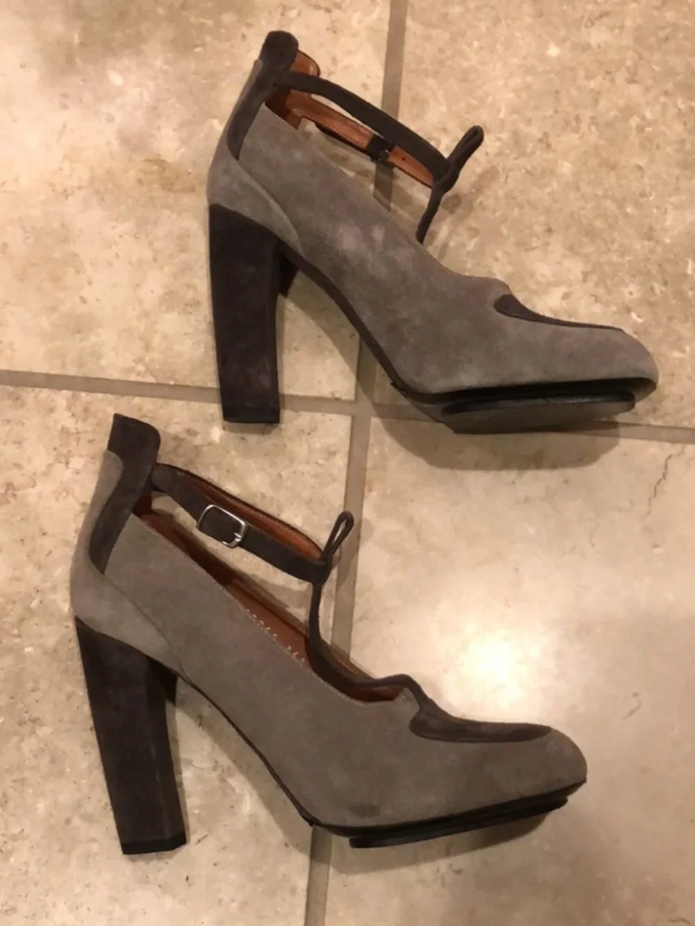 New Dries Van Noten t-strap cutout colorblock suede block heel square toe pump